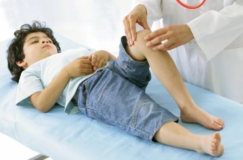 Пальпация суставов колена ортопедом у мальчика четырёх лет.